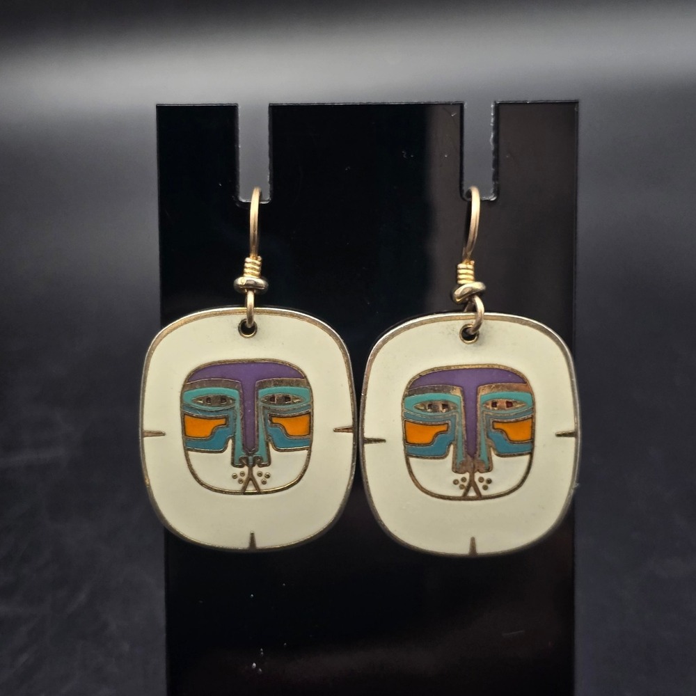 Laurel Burch Mayan Lion Earrings Cream Enamel Aztec Vintage